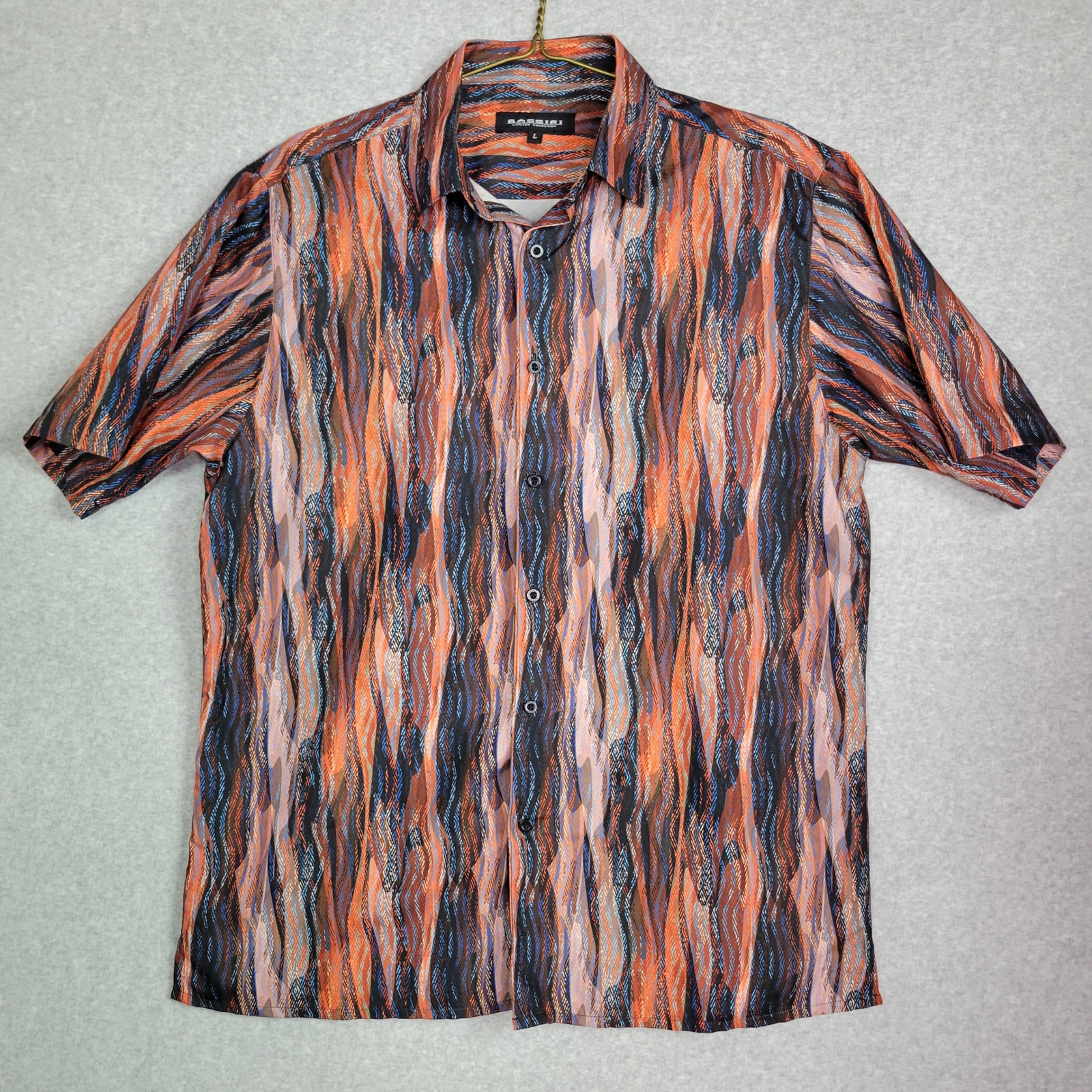 Bassiri Limited Collection Mens Short Sleeve Button Down Abstract Wave Shirt L